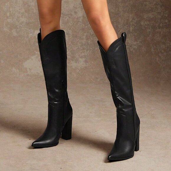 Black Casual Women's Block Heel Snip Toe Tall Western Boots